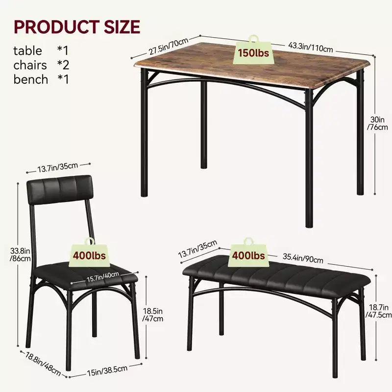 4-Piece Kitchen Dining Set with Table, Bench & 2 Chairs, Modern Space-Saving Dinette Set