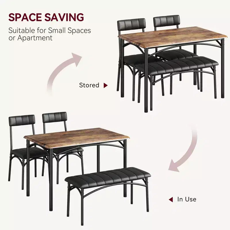 4-Piece Kitchen Dining Set with Table, Bench & 2 Chairs, Modern Space-Saving Dinette Set