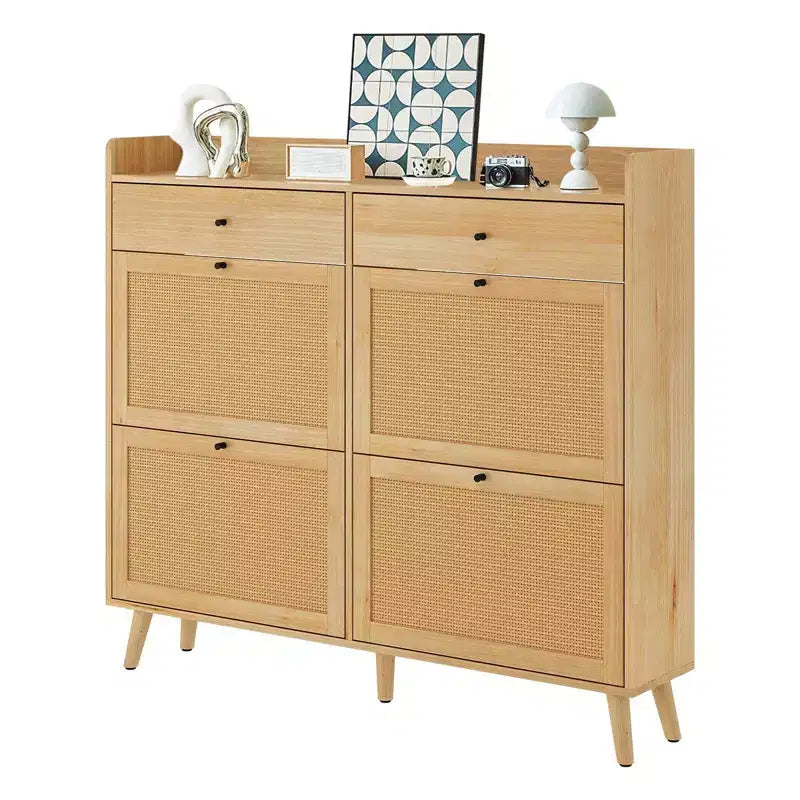 Coolmee Rattan Shoe Cabinet for Entryway with 4 Flip Drawers and 2 Drawer, Narrow Shoe Rack Organizer Hidden Shoe Rack Drawer for Entrance