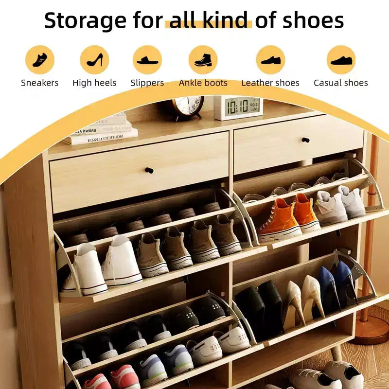 Coolmee Rattan Shoe Cabinet for Entryway with 4 Flip Drawers and 2 Drawer, Narrow Shoe Rack Organizer Hidden Shoe Rack Drawer for Entrance