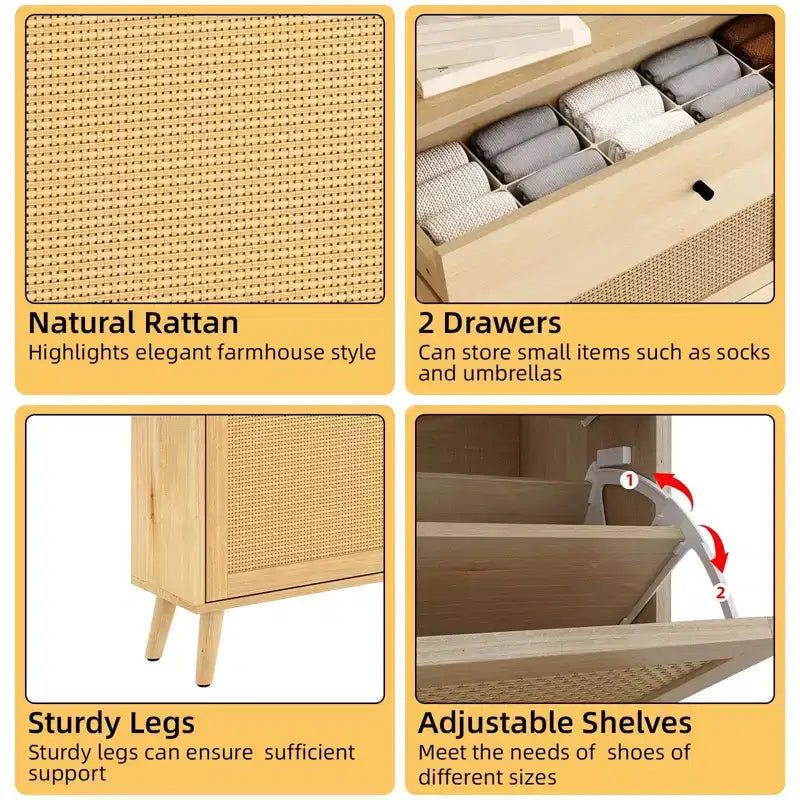 Coolmee Rattan Shoe Cabinet for Entryway with 4 Flip Drawers and 2 Drawer, Narrow Shoe Rack Organizer Hidden Shoe Rack Drawer for Entrance