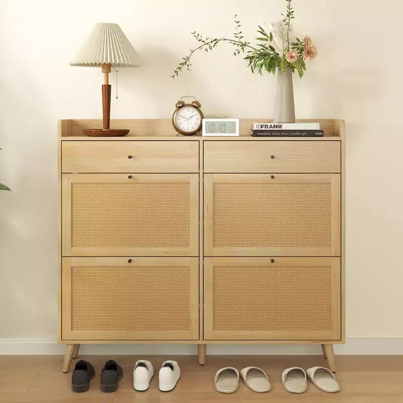 Coolmee Rattan Shoe Cabinet for Entryway with 4 Flip Drawers and 2 Drawer, Narrow Shoe Rack Organizer Hidden Shoe Rack Drawer for Entrance