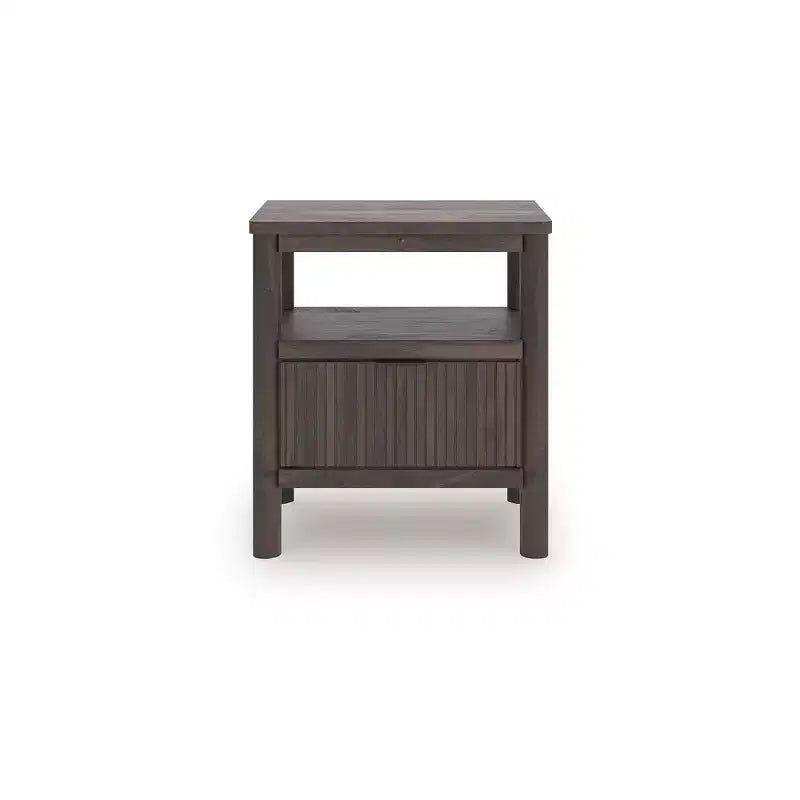 Signature Design by Ashly Cadmori One Drawer Nightstand - Rich Brown Walnut Finish, USB-A & USB-C Charging, Ambient Lighting, Reeded Accents