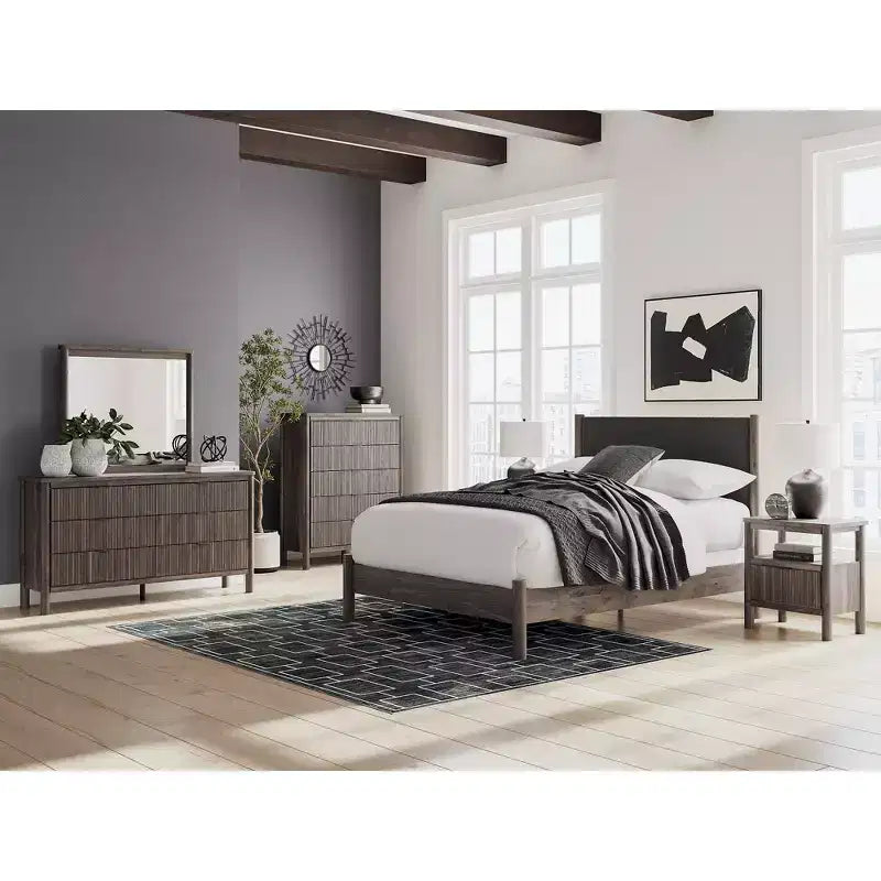 Signature Design by Ashly Cadmori One Drawer Nightstand - Rich Brown Walnut Finish, USB-A & USB-C Charging, Ambient Lighting, Reeded Accents