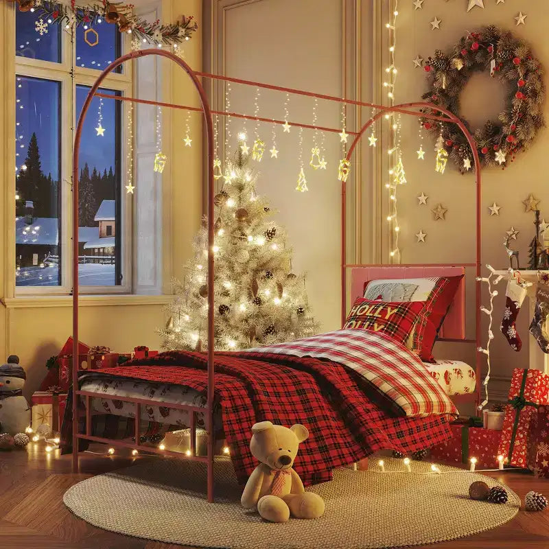 Canopy Bed Frame with Upholstered Headboard, Decorative Arch Top Platform Bed, Underbed Storage Space,No Box Spring Needed