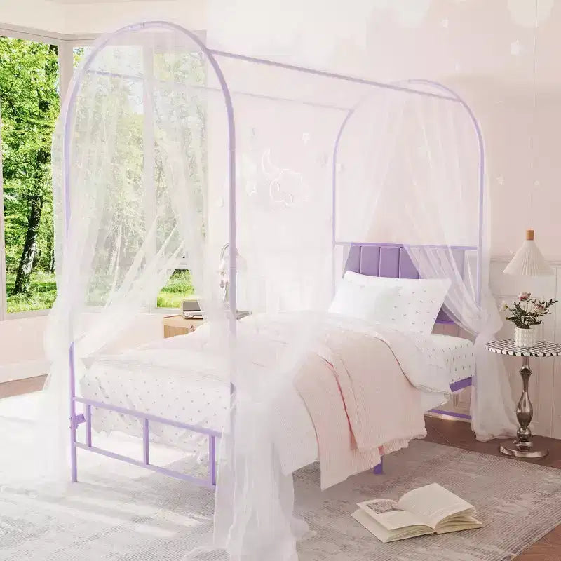 Canopy Bed Frame with Upholstered Headboard, Decorative Arch Top Platform Bed, Underbed Storage Space,No Box Spring Needed