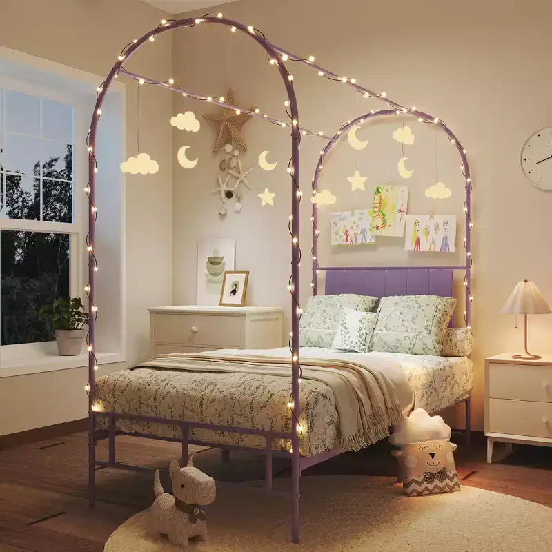 Canopy Bed Frame with Upholstered Headboard, Decorative Arch Top Platform Bed, Underbed Storage Space,No Box Spring Needed