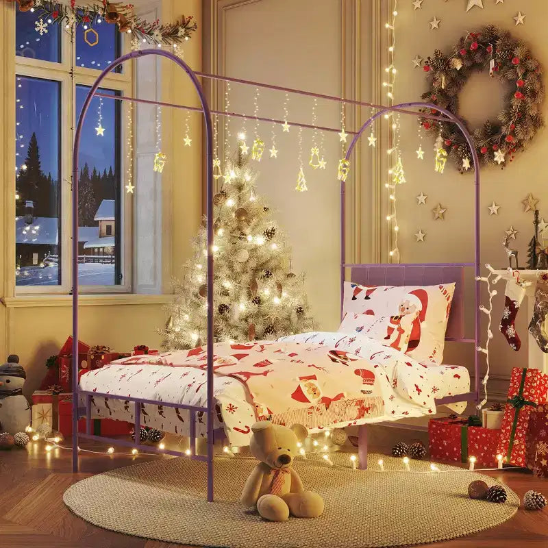 Canopy Bed Frame with Upholstered Headboard, Decorative Arch Top Platform Bed, Underbed Storage Space,No Box Spring Needed