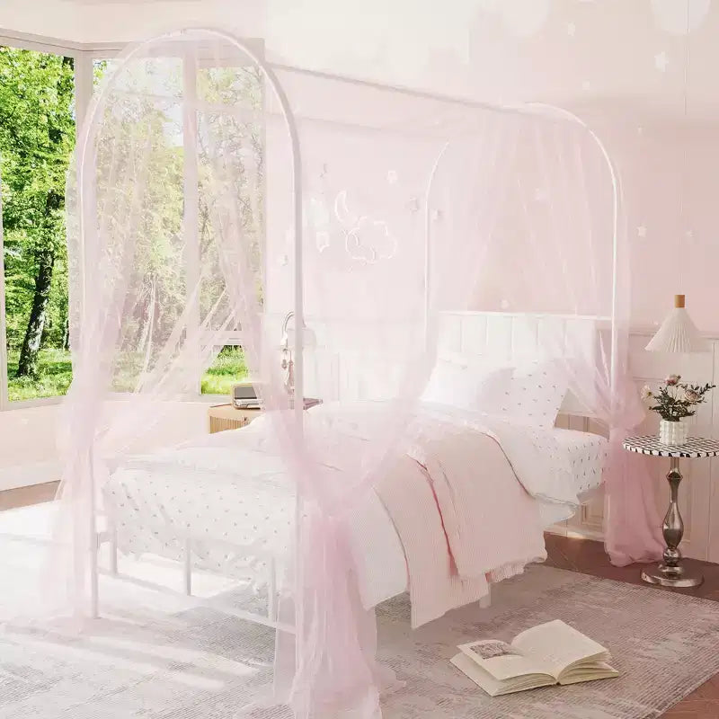 Canopy Bed Frame with Upholstered Headboard, Decorative Arch Top Platform Bed, Underbed Storage Space,No Box Spring Needed