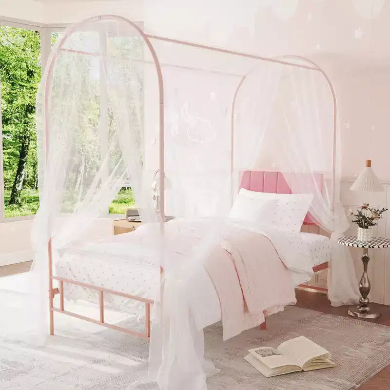 Canopy Bed Frame with Upholstered Headboard, Decorative Arch Top Platform Bed, Underbed Storage Space,No Box Spring Needed