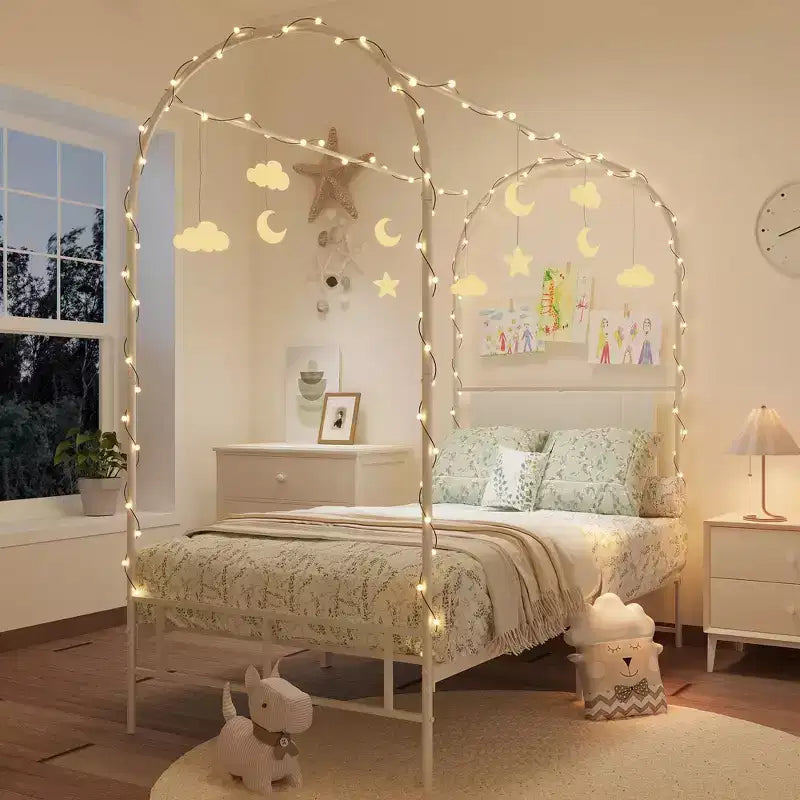 Canopy Bed Frame with Upholstered Headboard, Decorative Arch Top Platform Bed, Underbed Storage Space,No Box Spring Needed