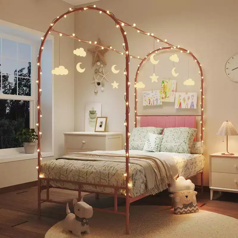 Canopy Bed Frame with Upholstered Headboard, Decorative Arch Top Platform Bed, Underbed Storage Space,No Box Spring Needed