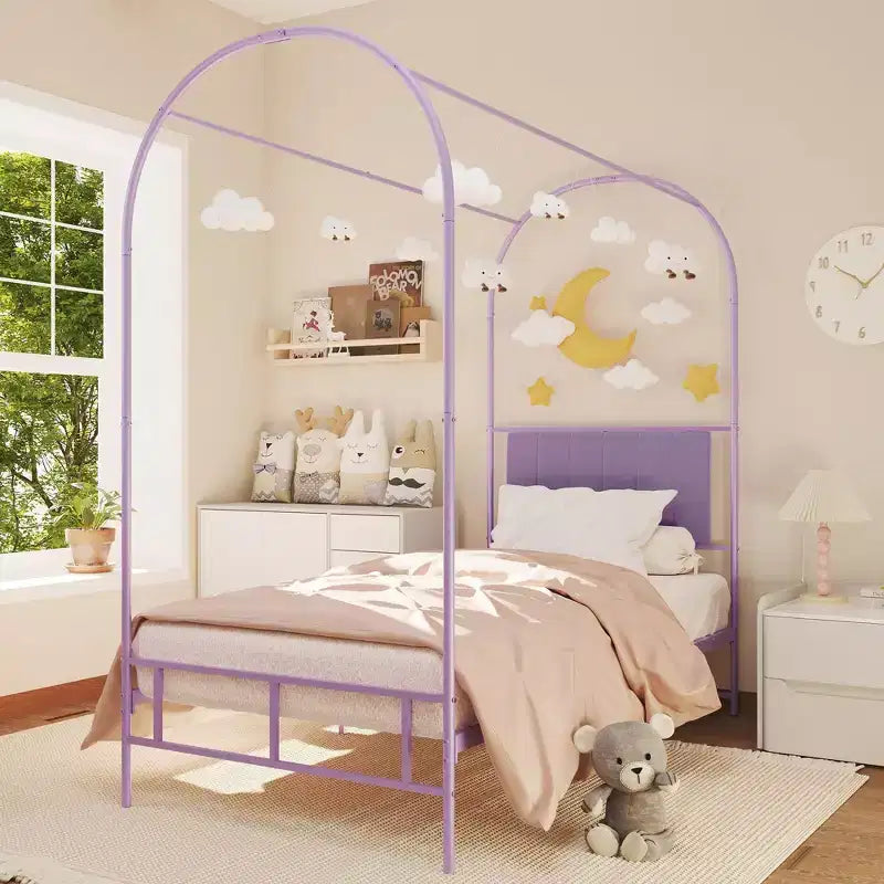 Canopy Bed Frame with Upholstered Headboard, Decorative Arch Top Platform Bed, Underbed Storage Space,No Box Spring Needed