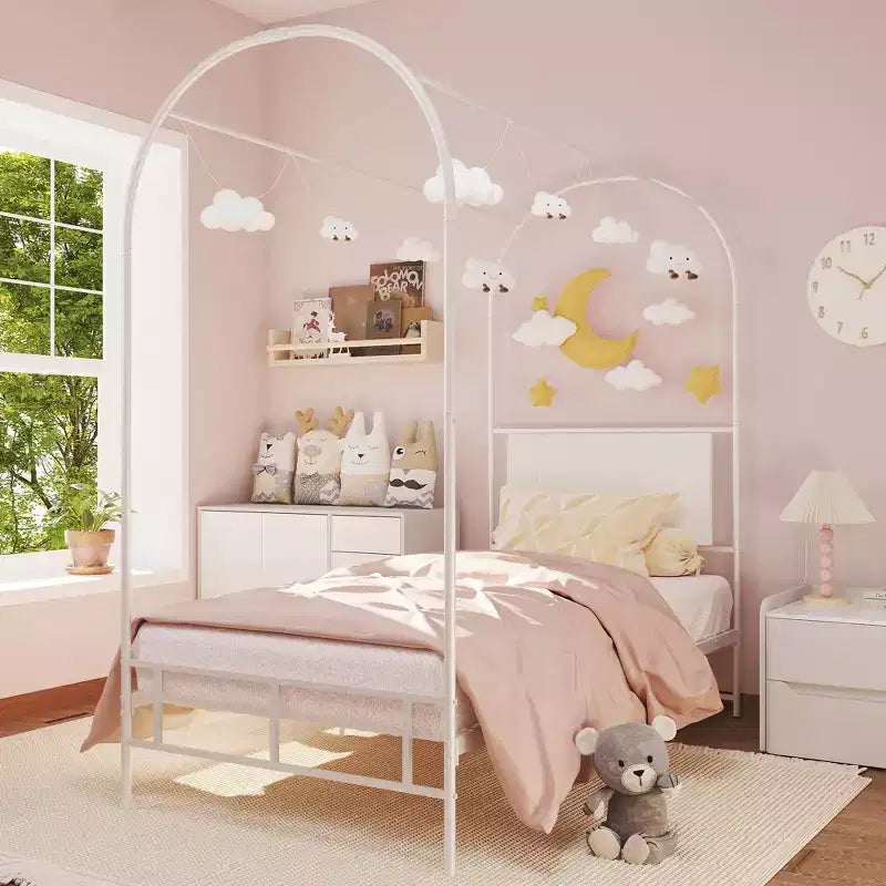Canopy Bed Frame with Upholstered Headboard, Decorative Arch Top Platform Bed, Underbed Storage Space,No Box Spring Needed