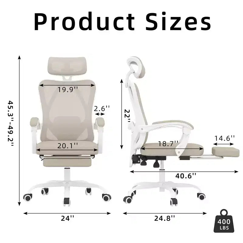 MAYEERTY Ergonomic Mesh Office Chair - With Headrest, Lumbar Support & Footrest for Home Office & Study (Khaki)