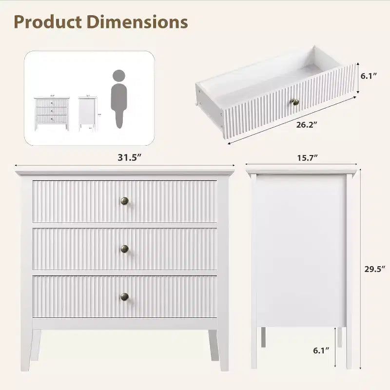 Modern 3-Drawer Dresser with Fluted Design, Anti-Tip Straps & Silent Glides for Bedroom, Living Room, Bathroom