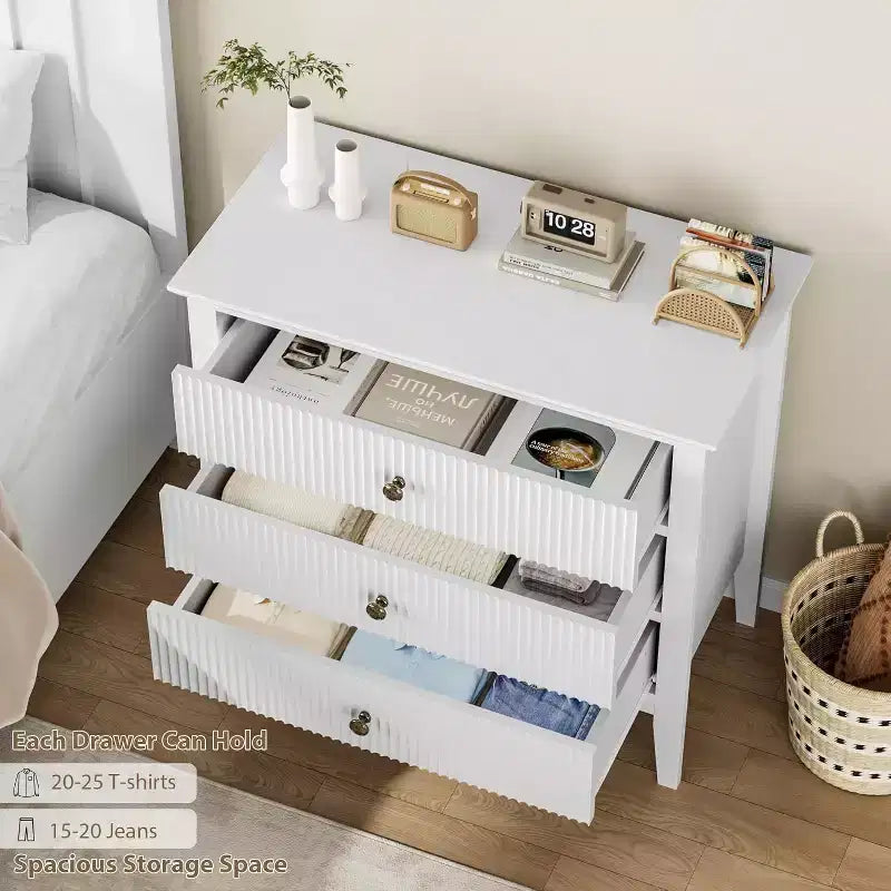 Modern 3-Drawer Dresser with Fluted Design, Anti-Tip Straps & Silent Glides for Bedroom, Living Room, Bathroom
