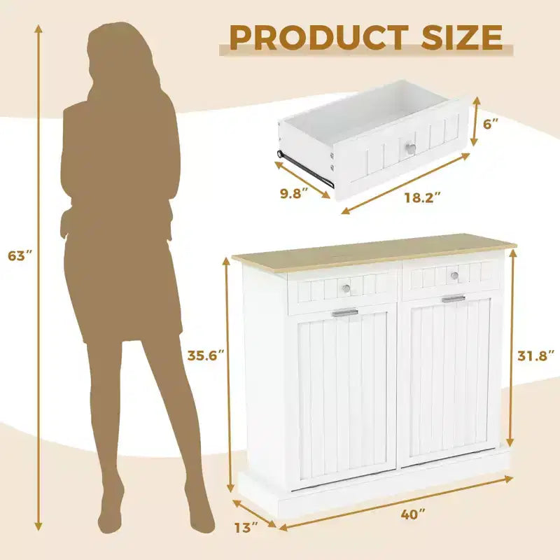 20 Gallons Tilt Out Trash Cabinet, 2 Door Wood Garbage Recycling Cabinet with Drawer, Freestanding Pet Proof Trash Bin for Kitchen Living Room