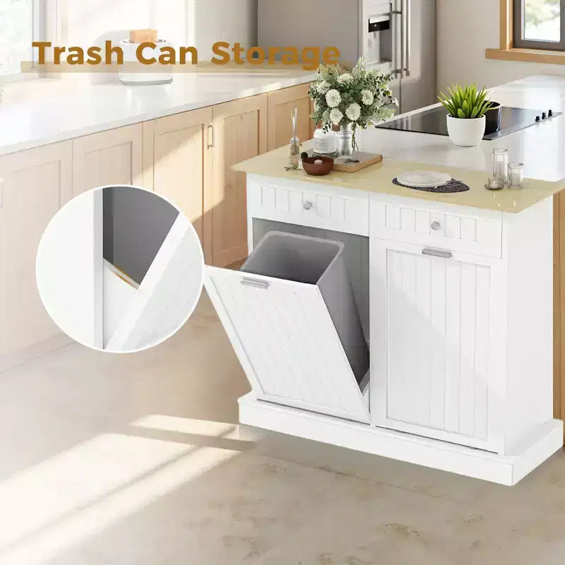 20 Gallons Tilt Out Trash Cabinet, 2 Door Wood Garbage Recycling Cabinet with Drawer, Freestanding Pet Proof Trash Bin for Kitchen Living Room