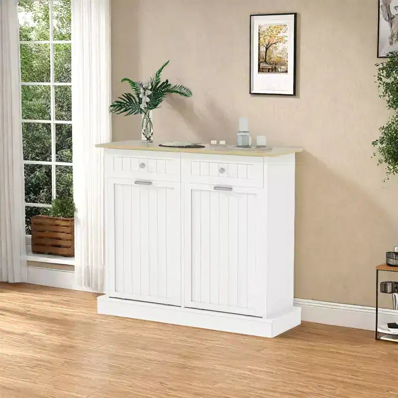 20 Gallons Tilt Out Trash Cabinet, 2 Door Wood Garbage Recycling Cabinet with Drawer, Freestanding Pet Proof Trash Bin for Kitchen Living Room