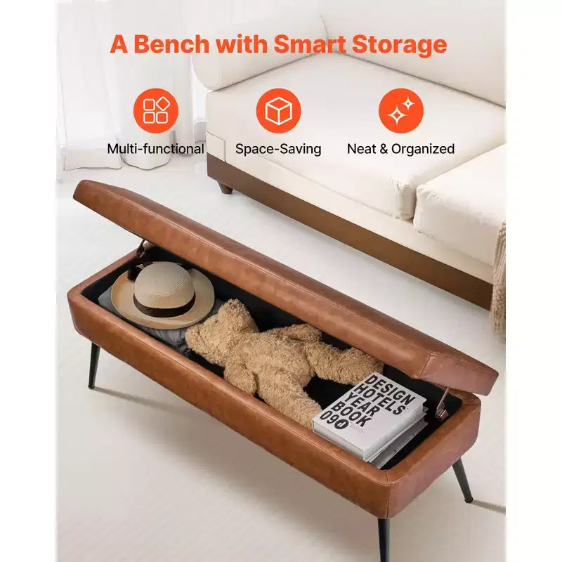 VEVOR Leather Storage Ottoman Bench, PU Leather Bench with Storage and Metal Legs, Upholstered Shoe Benches Seat for Entryway, Brown
