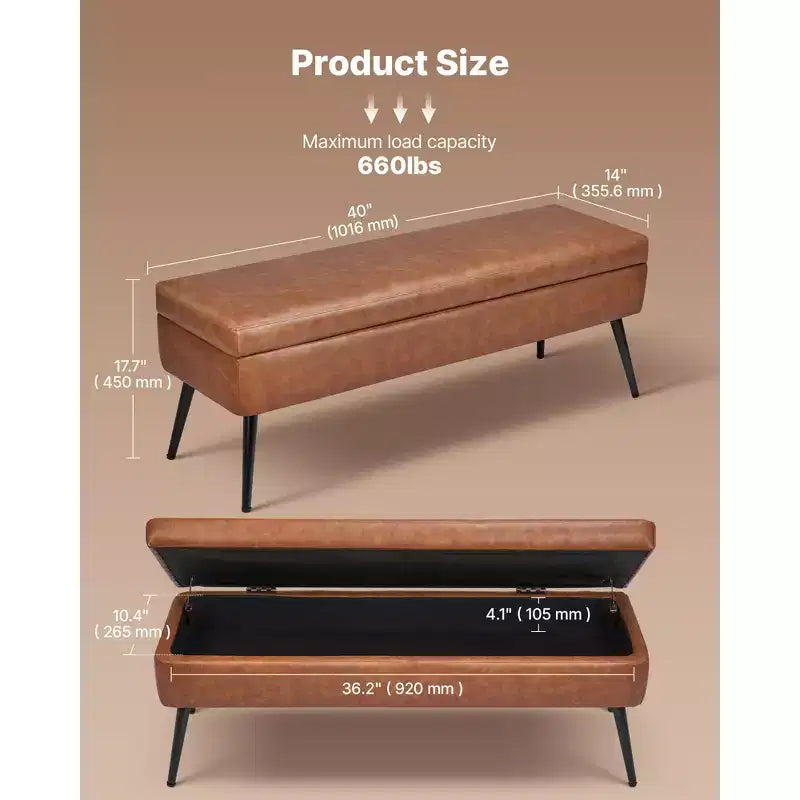 VEVOR Leather Storage Ottoman Bench, PU Leather Bench with Storage and Metal Legs, Upholstered Shoe Benches Seat for Entryway, Brown