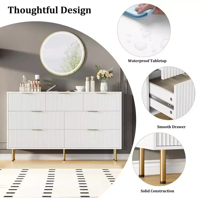 Modern 7-Drawer Fluted Dresser with Gold Handles, Wide Wooden Storage Chest for Bedroom, Living Room, Entryway