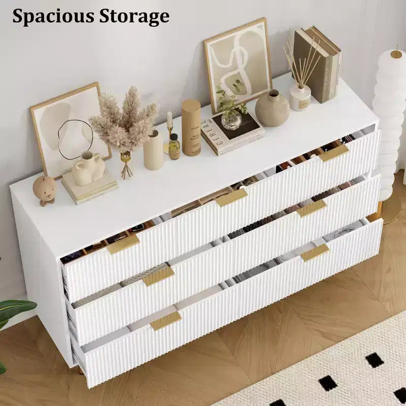 Modern 7-Drawer Fluted Dresser with Gold Handles, Wide Wooden Storage Chest for Bedroom, Living Room, Entryway
