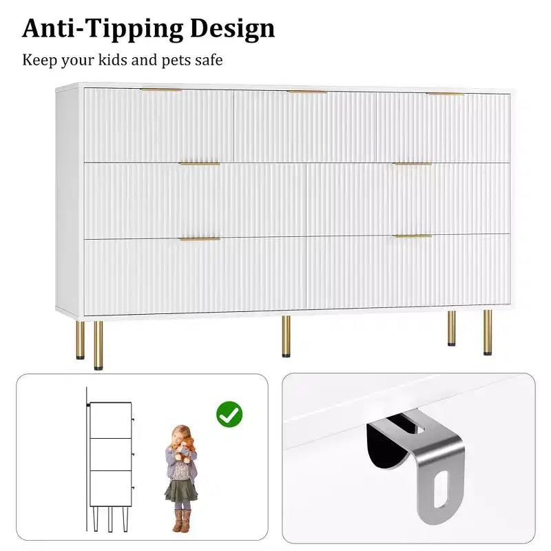 Modern 7-Drawer Fluted Dresser with Gold Handles, Wide Wooden Storage Chest for Bedroom, Living Room, Entryway