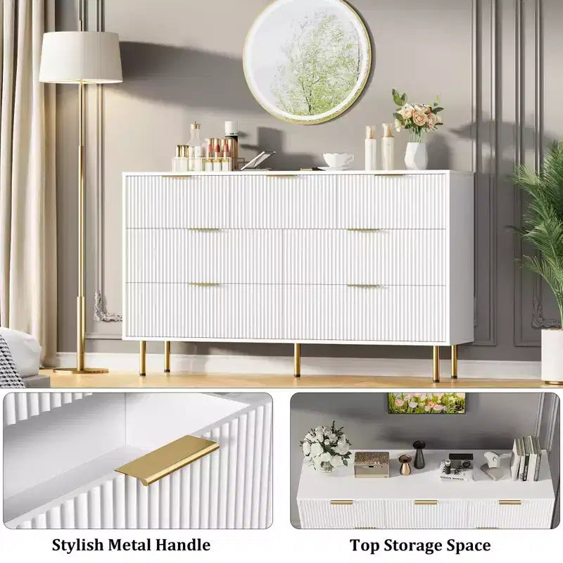 Modern 7-Drawer Fluted Dresser with Gold Handles, Wide Wooden Storage Chest for Bedroom, Living Room, Entryway