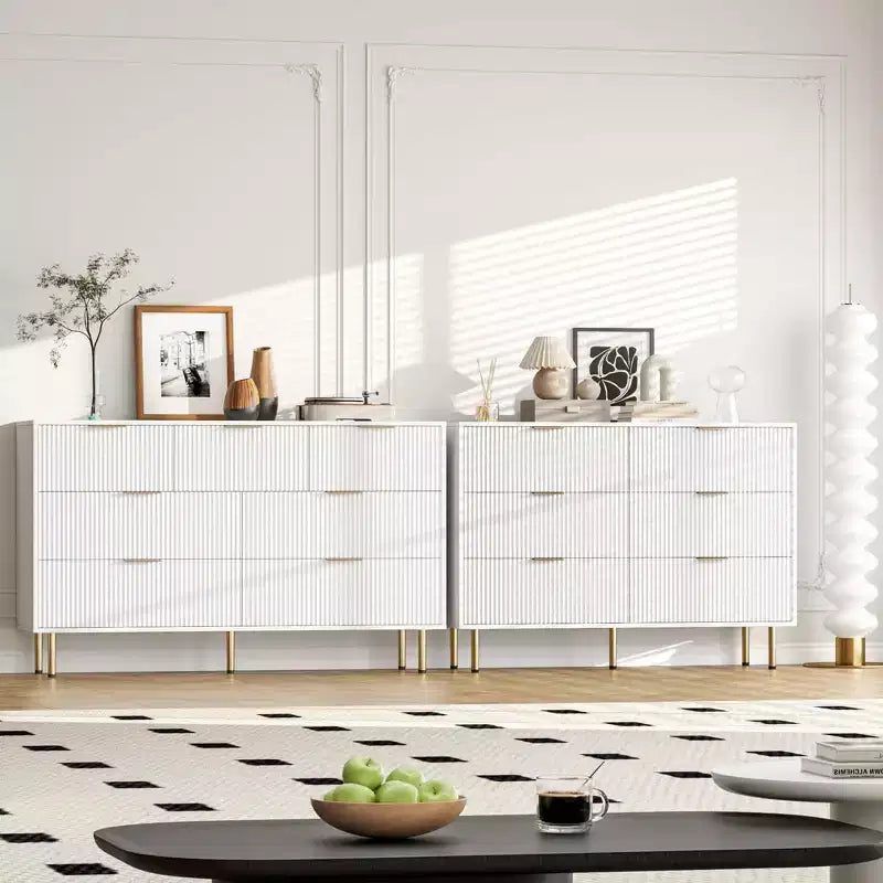 Modern 7-Drawer Fluted Dresser with Gold Handles, Wide Wooden Storage Chest for Bedroom, Living Room, Entryway
