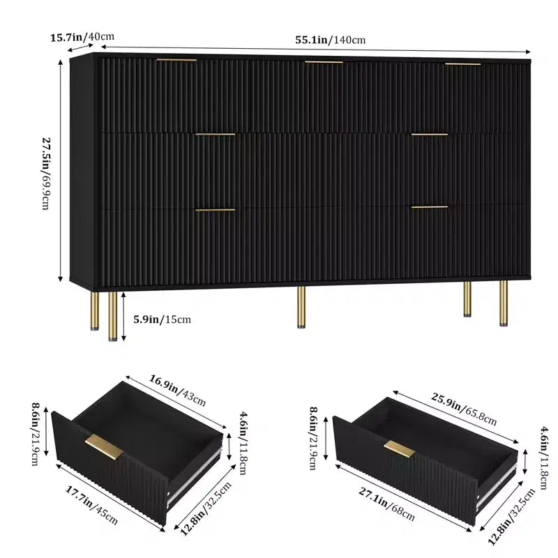 Modern 7-Drawer Fluted Dresser with Gold Handles, Wide Wooden Storage Chest for Bedroom, Living Room, Entryway