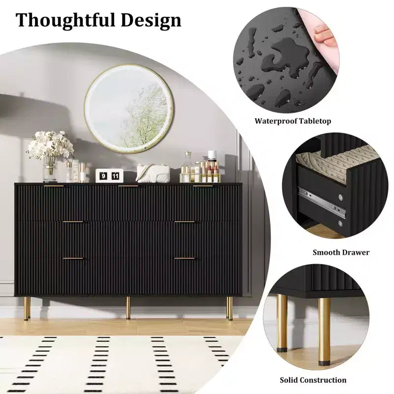 Modern 7-Drawer Fluted Dresser with Gold Handles, Wide Wooden Storage Chest for Bedroom, Living Room, Entryway