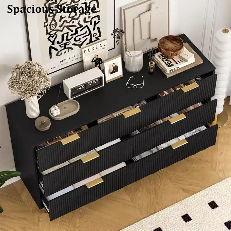 Modern 7-Drawer Fluted Dresser with Gold Handles, Wide Wooden Storage Chest for Bedroom, Living Room, Entryway