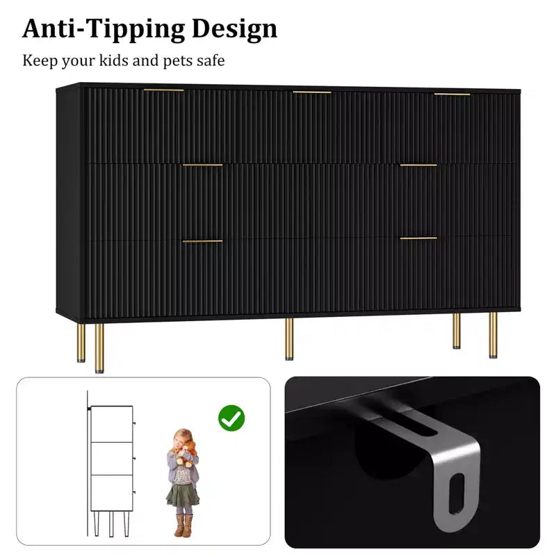 Modern 7-Drawer Fluted Dresser with Gold Handles, Wide Wooden Storage Chest for Bedroom, Living Room, Entryway