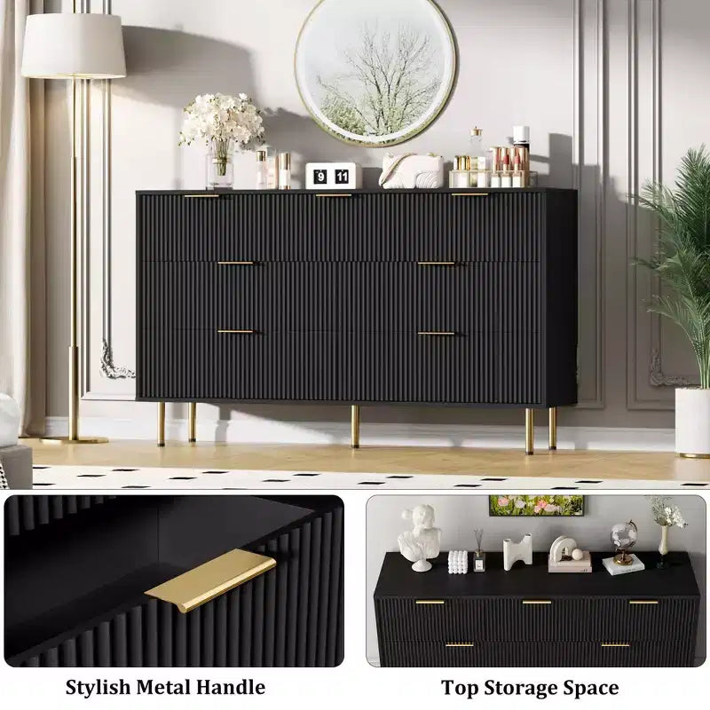 Modern 7-Drawer Fluted Dresser with Gold Handles, Wide Wooden Storage Chest for Bedroom, Living Room, Entryway