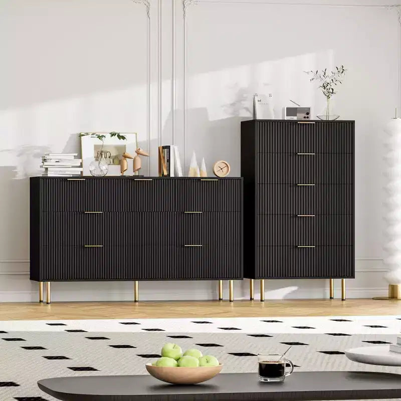 Modern 7-Drawer Fluted Dresser with Gold Handles, Wide Wooden Storage Chest for Bedroom, Living Room, Entryway