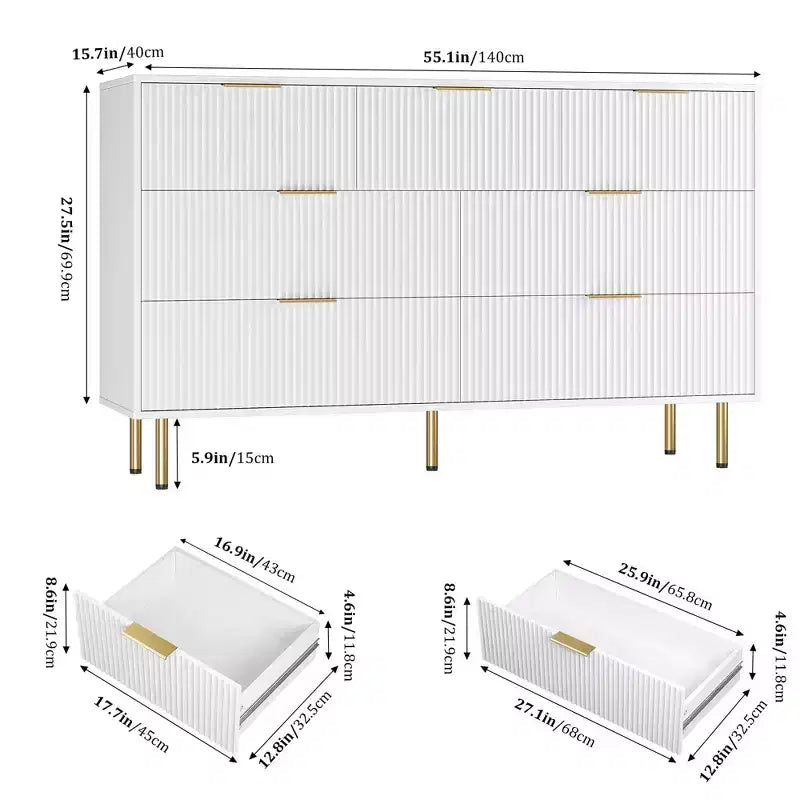 Modern 7-Drawer Fluted Dresser with Gold Handles, Wide Wooden Storage Chest for Bedroom, Living Room, Entryway
