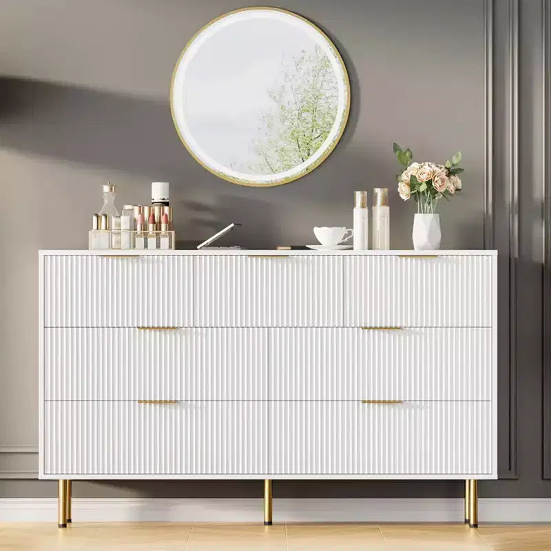 Modern 7-Drawer Fluted Dresser with Gold Handles, Wide Wooden Storage Chest for Bedroom, Living Room, Entryway