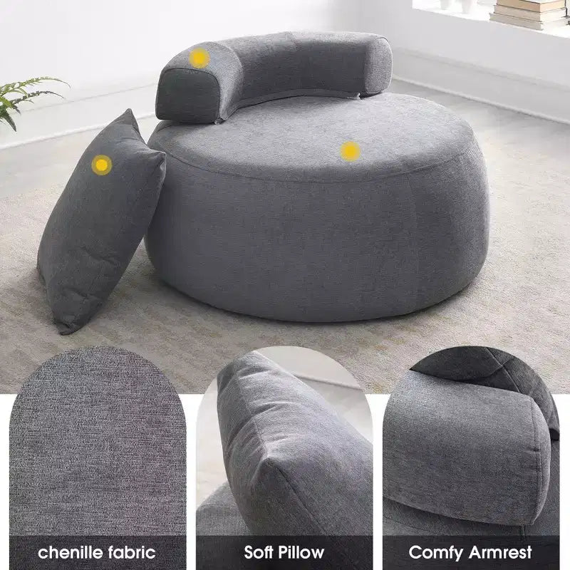 GustoWave Oversized Round Accent Chair, Modern Upholstered Sofa with Pillows, Cozy Leisure Chair for Living Room, Chenille Fabric, Light Gray
