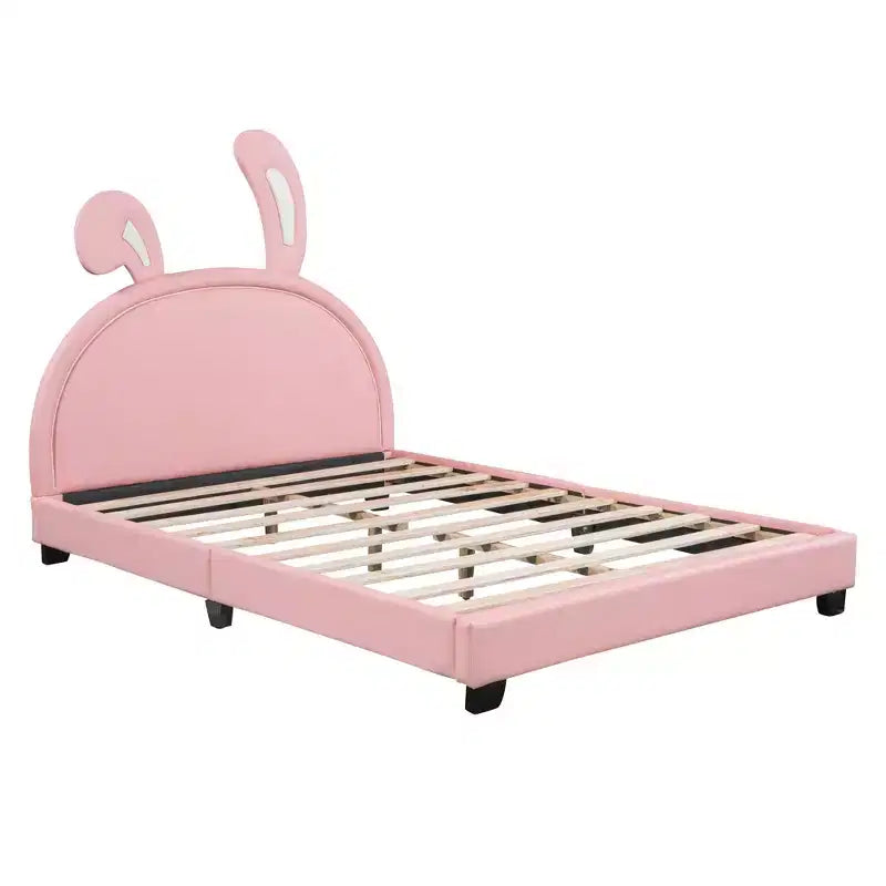 Full Size Upholstered Leather Platform Bed with Ears Headboard Bed Frame with Rabbit Ornament for Kids Pink