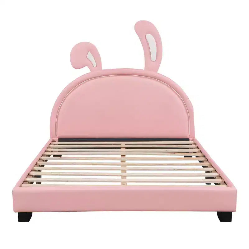 Full Size Upholstered Leather Platform Bed with Ears Headboard Bed Frame with Rabbit Ornament for Kids Pink