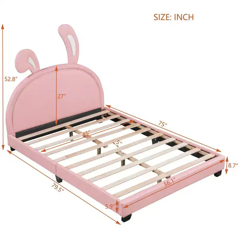 Full Size Upholstered Leather Platform Bed with Ears Headboard Bed Frame with Rabbit Ornament for Kids Pink