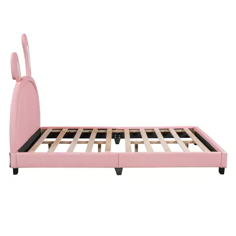 Full Size Upholstered Leather Platform Bed with Ears Headboard Bed Frame with Rabbit Ornament for Kids Pink
