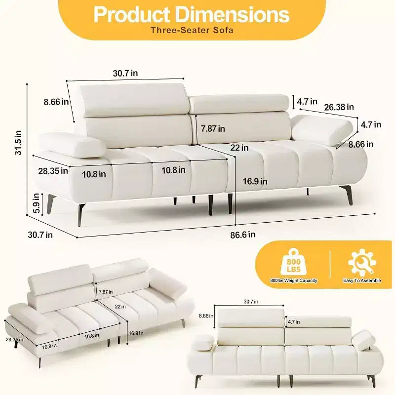 Acekool 86'' Futon Sofa Bed Couch, Convertible 3-Seater with Adjustable Backrest & Headrest, Faux Leather Sleeper, for Living Room, Sofa