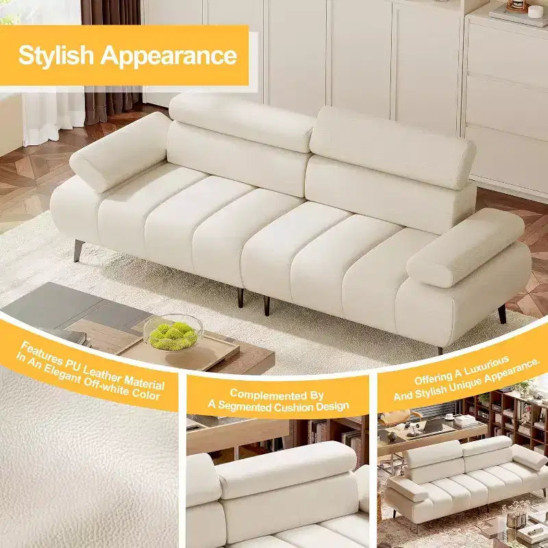 Acekool 86'' Futon Sofa Bed Couch, Convertible 3-Seater with Adjustable Backrest & Headrest, Faux Leather Sleeper, for Living Room, Sofa