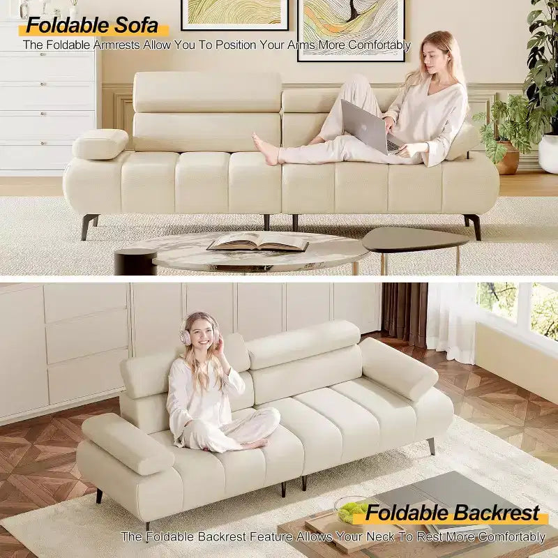 Acekool 86'' Futon Sofa Bed Couch, Convertible 3-Seater with Adjustable Backrest & Headrest, Faux Leather Sleeper, for Living Room, Sofa
