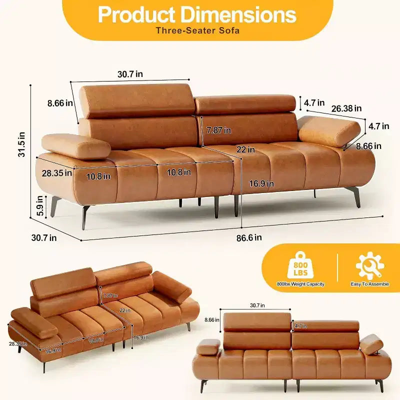 Acekool 86'' Futon Sofa Bed Couch, Convertible 3-Seater with Adjustable Backrest & Headrest, Faux Leather Sleeper, for Living Room, Sofa