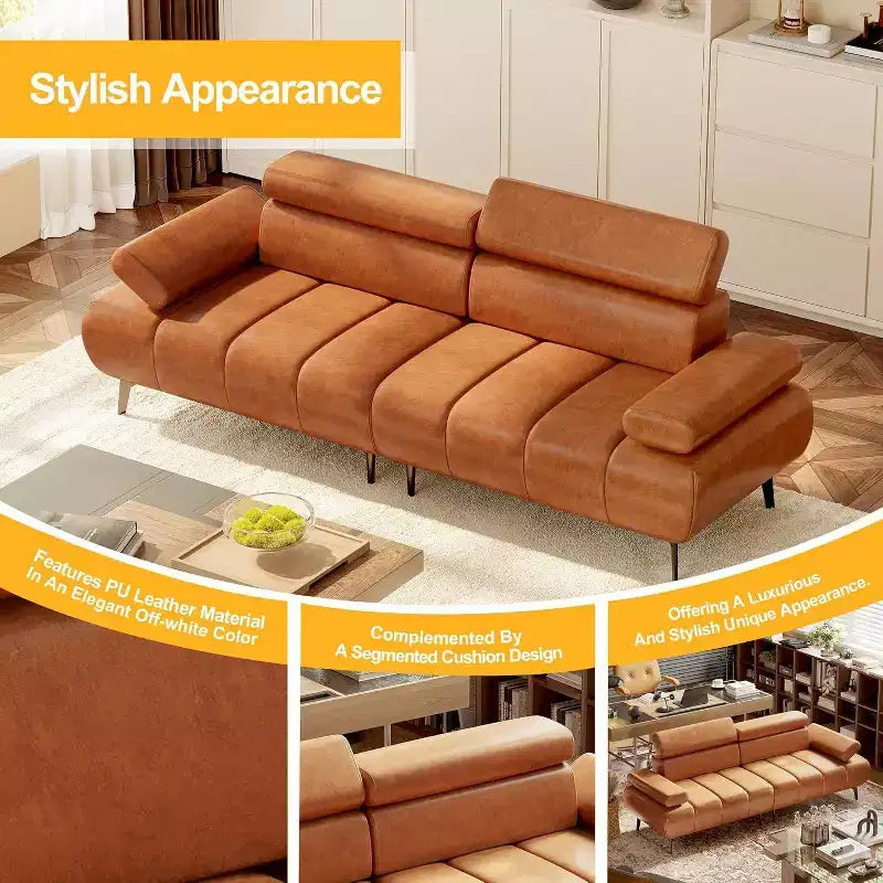 Acekool 86'' Futon Sofa Bed Couch, Convertible 3-Seater with Adjustable Backrest & Headrest, Faux Leather Sleeper, for Living Room, Sofa