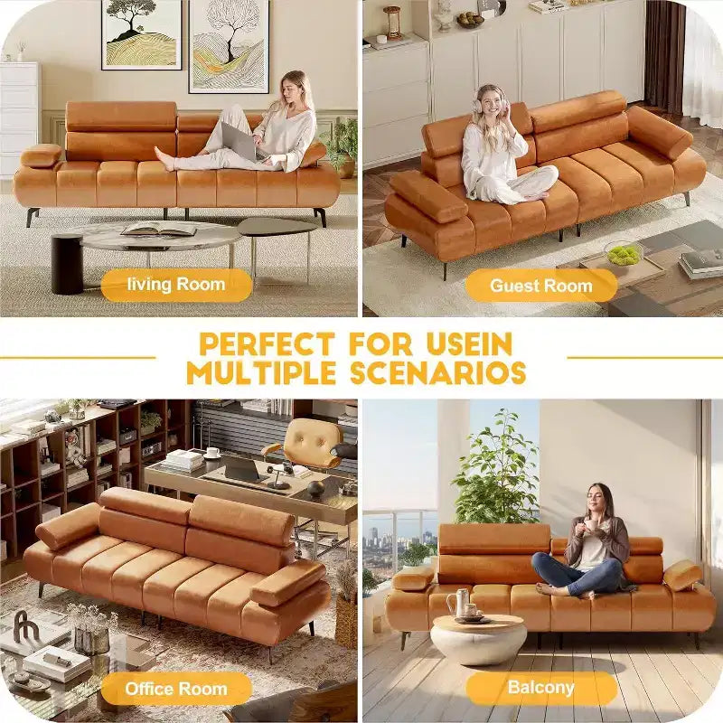 Acekool 86'' Futon Sofa Bed Couch, Convertible 3-Seater with Adjustable Backrest & Headrest, Faux Leather Sleeper, for Living Room, Sofa